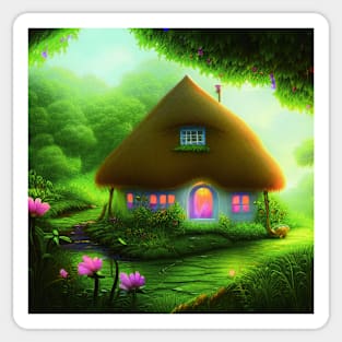 Fantasy House In a Greenery Scene, Fantasy Cottagecore artwork Sticker